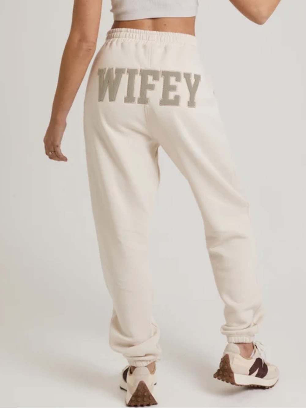 Six Stories Wifey Teddy Embroidered Sweatpants in Champagne Cream - Size Medium